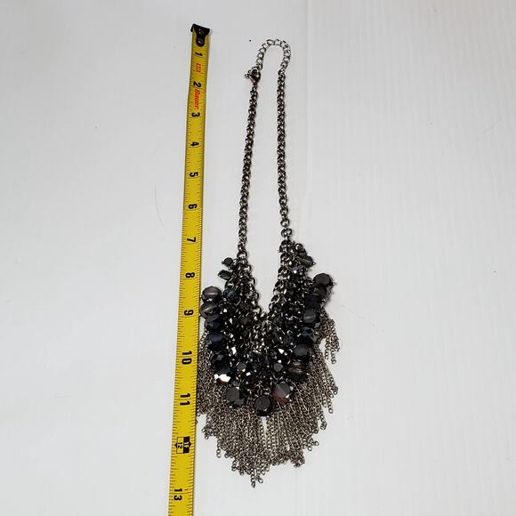 Vintage Faceted Matte and Shiny Labradorite Beads Bib Necklace with Fringe 16" - Picture 6 of 6